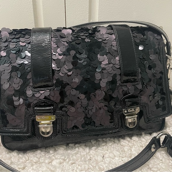 COACH Poppy Sequin Black Patent Leather Convertible Bag Purse RARE - Picture 3 of 12
